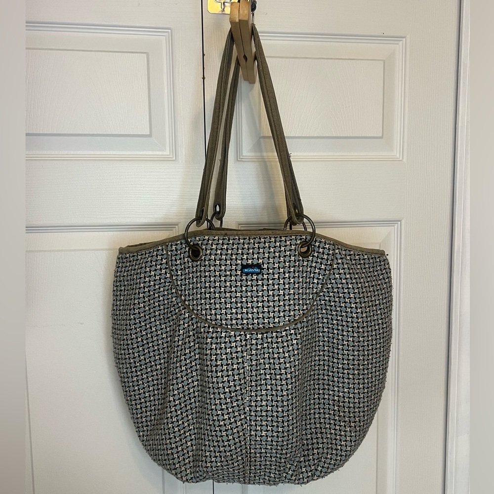 Kavu Stylish Blue Tan Houndstooth Large Tote Shoulder Bag 100% Cotton